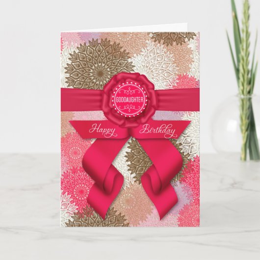 voor Goddochter Deep Roos Pink Ribbon Birthday Kaart (Voorkant)