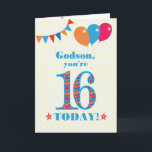 Voor Godson 16th Birthday Bunting Balloons Kaart<br><div class="desc">Een kleurrijke verjaardagskaart voor een 16-jarige peetzoon, het grote getal 16 is gevuld met een oranje, rood en blauw patroon, geschetst in fel blauw. Er zijn ballonnen en springen bovenaan, in passende kleuren en de dekdekbegroet is: 'Godson, je bent vandaag 16!' in felrood en blauw letterschrift, op een zeer bleke...</div>