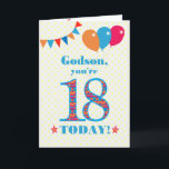Voor Godson 18th Birthday Bunting and Balloons Kaa Kaart<br><div class="desc">Een kleurrijke verjaardagskaart voor een 18-jarige peetzoon, het grote getal 18 is gevuld met een oranje, rood en blauw patroon, geschetst in fel blauw. Er zijn ballonnen en springen bovenaan, in passende kleuren en de dekdekbegroet is: 'Godson, je bent vandaag 18!' in felrood en blauw letterschrift, op een zeer bleke...</div>
