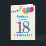 Voor Godson 18th Birthday Bunting and Balloons Kaa Kaart<br><div class="desc">Een kleurrijke verjaardagskaart voor een 18-jarige peetzoon, het grote getal 18 is gevuld met een oranje, rood en blauw patroon, geschetst in fel blauw. Er zijn ballonnen en springen bovenaan, in passende kleuren en de dekdekbegroet is: 'Godson, je bent vandaag 18!' in felrood en blauw letterschrift, op een zeer bleke...</div>