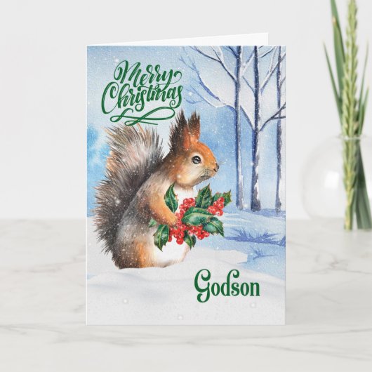 voor Godson Kerstkerspirrel Winter Woodland Feestdagen Kaart (Voorkant)
