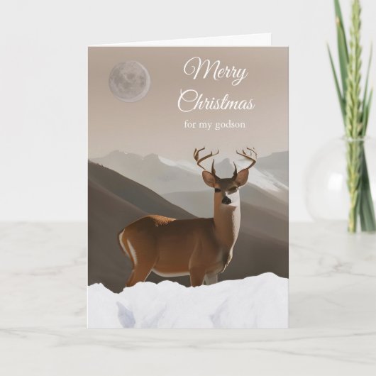 Voor Godson Vrolijk Kerstfeest met Herten en Sneeu Kaart (Voorkant)