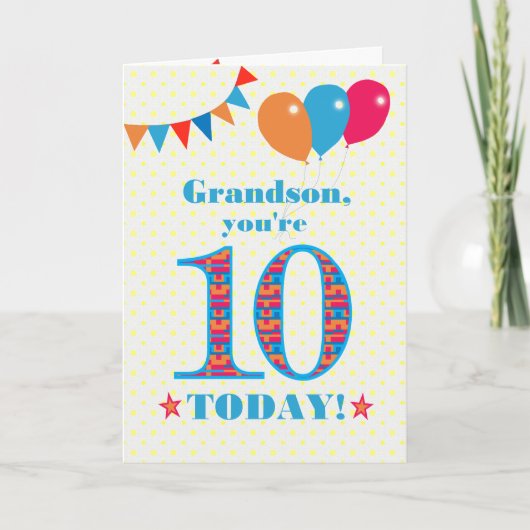 Voor Grandson 10th Birthday Bunting Balloons Kaart (Voorkant)