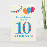 Voor Grandson 10th Birthday Bunting Balloons Kaart<br><div class="desc">Een kleurrijke verjaardagskaart voor een 10-jarige kleinzoon, het grote aantal 10 gevuld met een oranje, rood en blauw patroon, geschetst in helder blauw. Er zijn ballonnen en springen bovenaan, in passende kleuren en de dekdekbegroet is: 'Grootzoon, je bent vandaag tien!' in felrood en blauw letterschrift, op een zeer bleke gele...</div>
