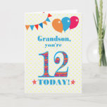 Voor Grandson 12th Birthday Bunting Balloons Kaart<br><div class="desc">Een kleurrijke verjaardagskaart voor een 12-jarige kleinzoon, het grote getal 12 is gevuld met een oranje, rood en blauw patroon, geschetst in fel blauw. Er zijn ballonnen en springen bovenaan, in passende kleuren en de dekdekbegroet is: 'Grootzoon, je bent vandaag 12!' in felrood en blauw letterschrift, op een zeer bleke...</div>