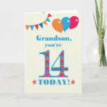 Voor Grandson 14th Birthday Bunting Balloons Kaart<br><div class="desc">Een kleurrijke verjaardagskaart voor een 14-jarige kleinzoon, het grote getal 14 is gevuld met een oranje, rood en blauw patroon, geschetst in helder blauw. Er zijn ballonnen en springen bovenaan, in passende kleuren en de dekdekbegroet is: 'Grootzoon, je bent vandaag 14!' in felrood en blauw letterschrift, op een zeer bleke...</div>