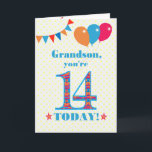 Voor Grandson 14th Birthday Bunting Balloons Kaart<br><div class="desc">Een kleurrijke verjaardagskaart voor een 14-jarige kleinzoon, het grote getal 14 is gevuld met een oranje, rood en blauw patroon, geschetst in helder blauw. Er zijn ballonnen en springen bovenaan, in passende kleuren en de dekdekbegroet is: 'Grootzoon, je bent vandaag 14!' in felrood en blauw letterschrift, op een zeer bleke...</div>