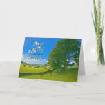 Voor Grandson, een pastorale landschapskaart voor  Kaart<br><div class="desc">Een kalm schilderij met boerderijen velden op het platteland. Paarden en schapen grazen vreedzaam onder een boom. de zon zingt uit een blauwe hemel met fluffy witte wolken . Het afbeelding is van het Lake District in het Verenigd Koninkrijk. Copyright Norma Cornes</div>