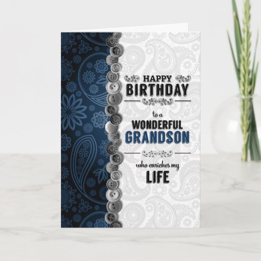 voor Grandson's Birthday Blue Paisley met Buttonne Kaart (Voorkant)