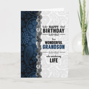 voor Grandson's Birthday Blue Paisley met Buttonne Kaart
