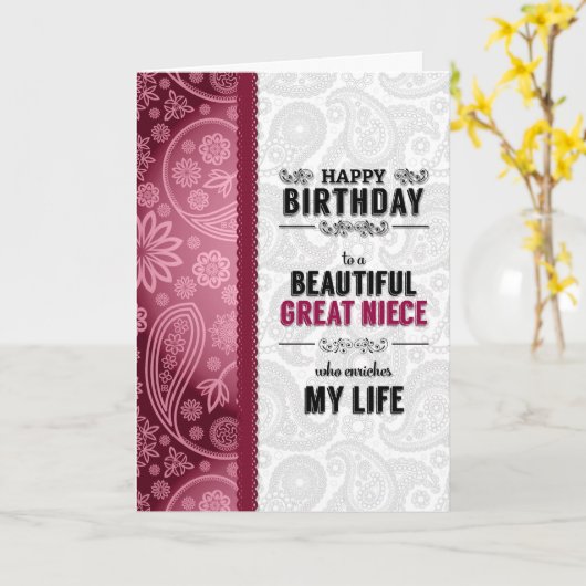 voor Great Niece Birthday Pink Hearts en Paisley Kaart (Gele Bloem)