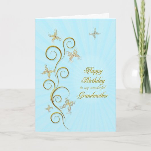 Voor grootmoeder, Birthday met gouden vlinders Kaart (Voorkant)