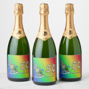 Voor HAAR 50e Jubileum Regenboog Mousserende Wijn  Sparkling Wijnetiket