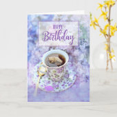 voor Haar Beker van Thee en Paarse Bloemen Verjaar Kaart (Gele Bloem)