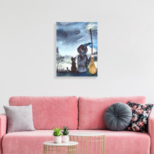 Voor Halloween Black Cat en The Witch Sterrennacht Canvas Afdruk