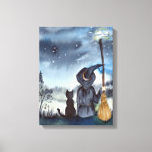 Voor Halloween Black Cat en The Witch Sterrennacht Canvas Afdruk (Voorkant)