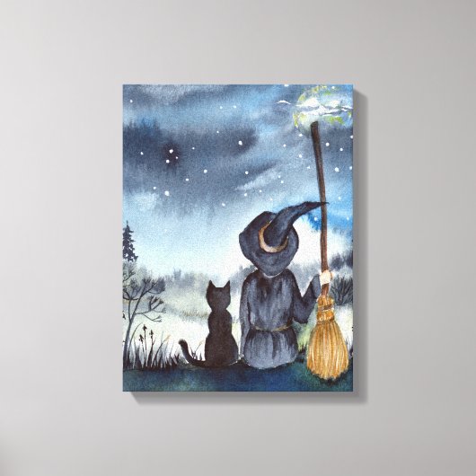 Voor Halloween Black Cat en The Witch Sterrennacht Canvas Afdruk (Voorkant)