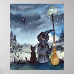Voor Halloween Black Cat en The Witch Sterrennacht Poster