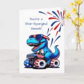 Voor hem 4th of July Dinosaur T-Rex Riding Truck Kaart (Gele Bloem)