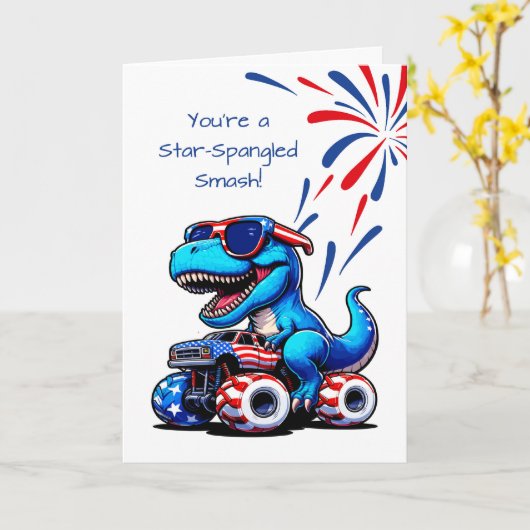 Voor hem 4th of July Dinosaur T-Rex Riding Truck Kaart (Gele Bloem)
