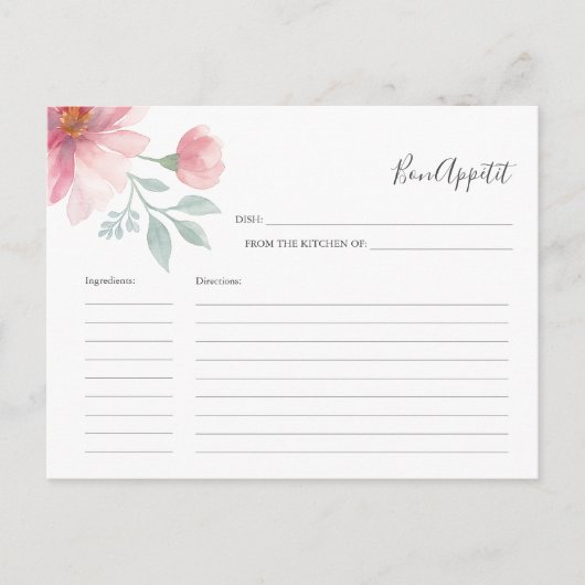 Voor het bruidrecept Kaart Roze Waterverf Bloemen (Voorkant)