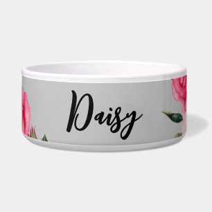 Voor huisdier levendige roze witte rozen effen gri voerbakje