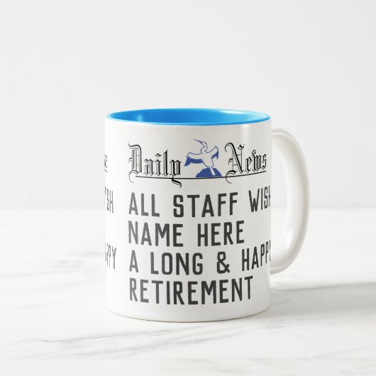 Voor iemand die met pensioen gaat. Pensioencadeau. Tweekleurige Koffiemok (Voorkant rechts)