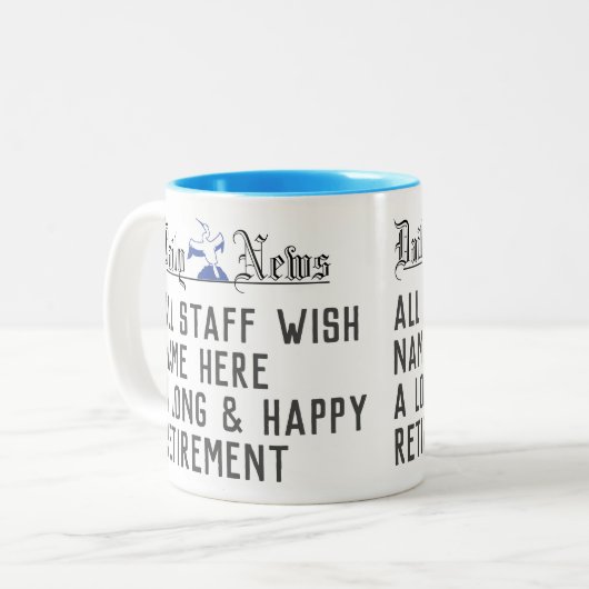 Voor iemand die met pensioen gaat. Pensioencadeau. Tweekleurige Koffiemok (Voorkant links)