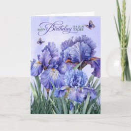 voor juf Paarse Iris met Vlinders Verjaardag Kaart