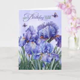 voor juf Paarse Iris met Vlinders Verjaardag Kaart