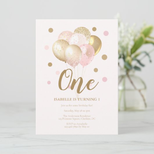 Voor kinderen 1e verjaardag Roze Balloons Partij Kaart (Staand voorkant)