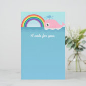 Voor kinderen - Cute Baby roze walvis met regenboo Briefpapier (Staand voorkant)