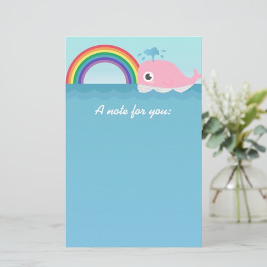 Voor kinderen - Cute Baby roze walvis met regenboo Briefpapier (Staand voorkant)