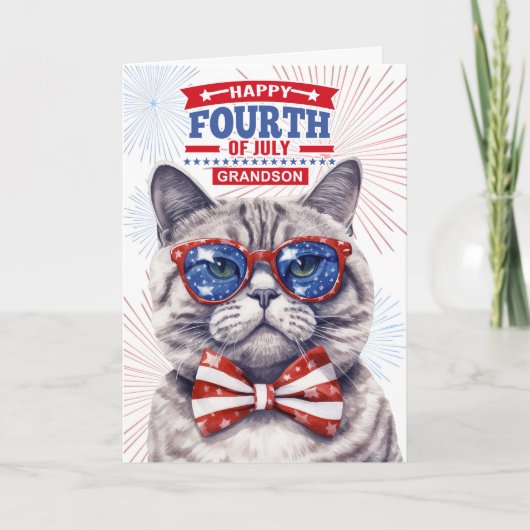 voor Kleinzoon 4 juli Schattigee Patriottische Kat Feestdagen Kaart (Voorkant)