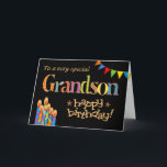 Voor kleinzoon Chic Candles, Bunting Verjaardag Ka Kaart<br><div class="desc">Een heldere en kleurrijke verjaardagskaart voor een kleinzoon van elke leeftijd,  met verjaardagstaartkaarsen,  Bunting and Stars en het woord 'Grandson' in pattereerde letters,  geschetst in goud-effect (geen metallic inkt) en Happy Birthday,  ook in goud-effect,  allemaal op een zwarte achtergrond. Een digitaal ontwerp van Judy Adamson.</div>