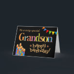 Voor kleinzoon Chic Candles, Bunting Verjaardag Ka Kaart<br><div class="desc">Een heldere en kleurrijke verjaardagskaart voor een kleinzoon van elke leeftijd,  met verjaardagstaartkaarsen,  Bunting and Stars en het woord 'Grandson' in pattereerde letters,  geschetst in goud-effect (geen metallic inkt) en Happy Birthday,  ook in goud-effect,  allemaal op een zwarte achtergrond. Een digitaal ontwerp van Judy Adamson.</div>