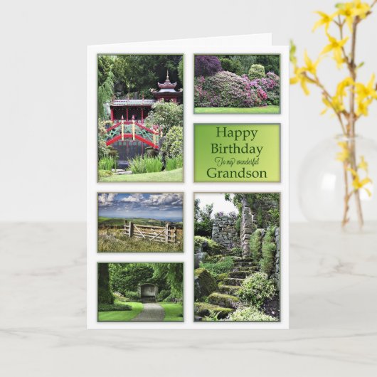 Voor kleinzoon, een verjaardagskaart met tuin uitz kaart (Gele Bloem)