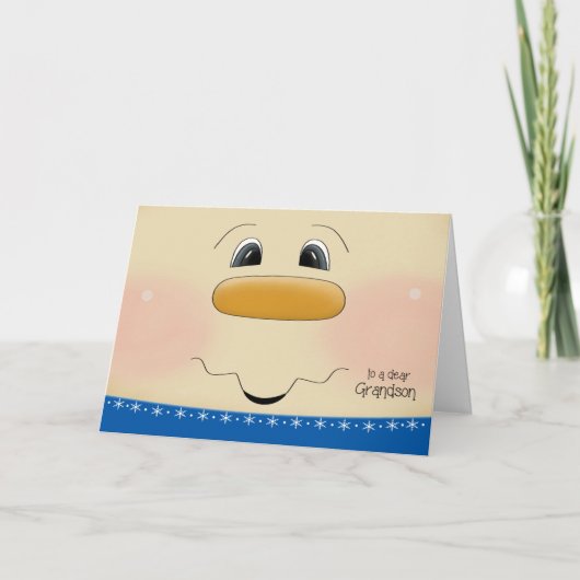 Voor kleinzoon Kerst Happy Snowman Face Feestdagen Kaart (Voorkant)