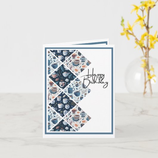 Voor koffie en thee liefhebbers - Blue Birthday Kaart (Gele Bloem)