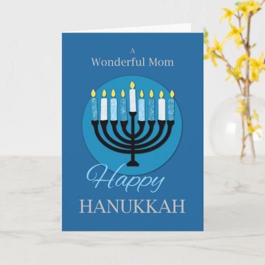 Voor mam Hanukkah Menorah op Dark Blue Kaart (Gele Bloem)