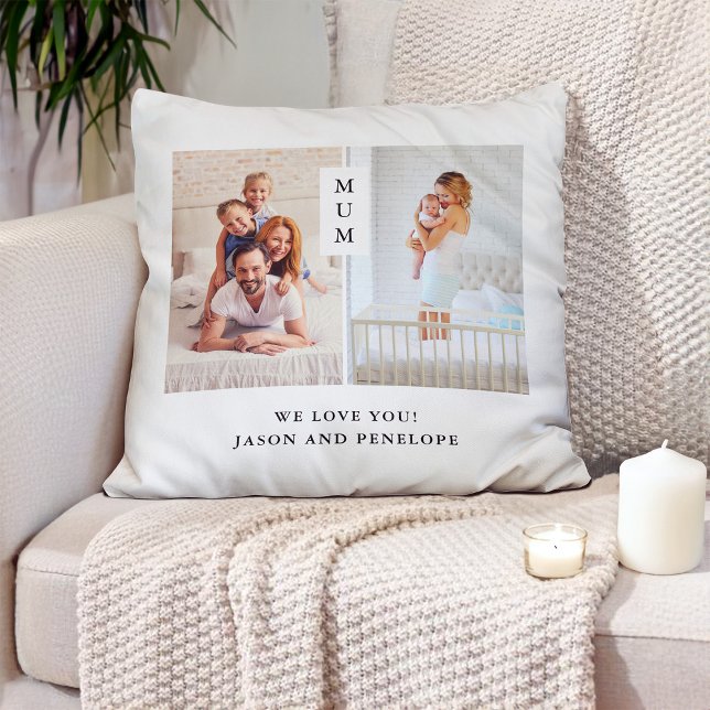 Voor mam | Modern twee foto raster Kussen (A stylish pillow for mum with your favourite photos)