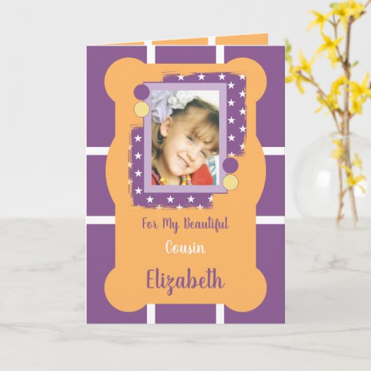 Voor mijn mooie neef paarse en oranje foto kaart (Gele Bloem)