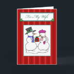 Voor mijn vrouw Kerstmis Feestdagen Kaart<br><div class="desc">Cute snowman met kerstkaarten voor vrouwen. Deze kerstkaarten hebben een rode gestreepte achtergrond met een sneeuwpop en een sneeuwvrouw die elkaar kerstcadeaus geven. Pas de binnenkant van de kaart aan om jouw naam toe te voegen.</div>