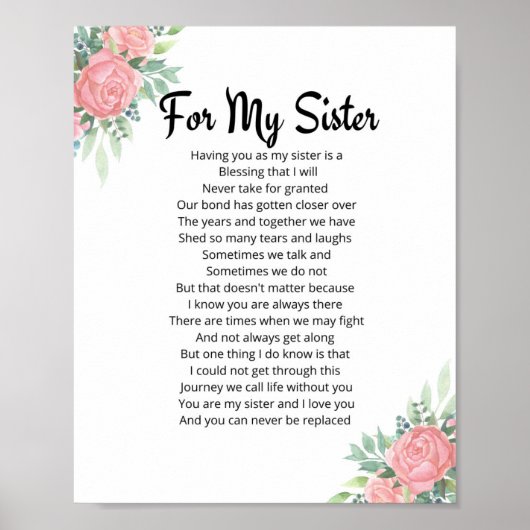 Voor mijn zuster Poem Sister Gift Poster (Voorkant)