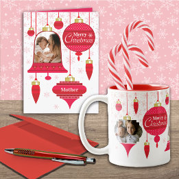 Voor Moeder Aangepaste Foto Rode Retro Ornamenten Feestdagen Kaart