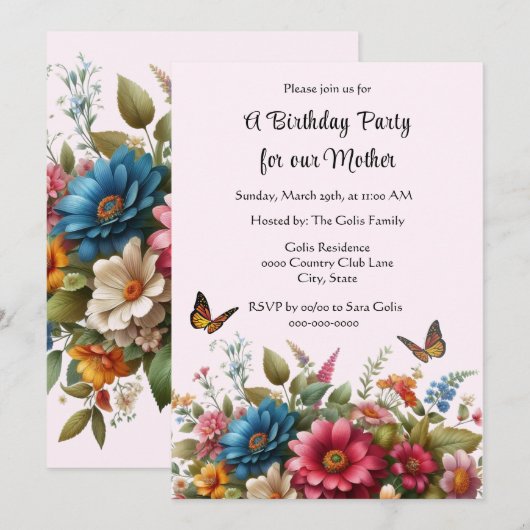 Voor moeder Happy Birthday Party uitnodiging (Voorkant / Achterkant)