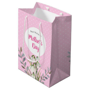 Voor Moederdag White Snowdrops Pink Polka Dots Medium Cadeauzakje