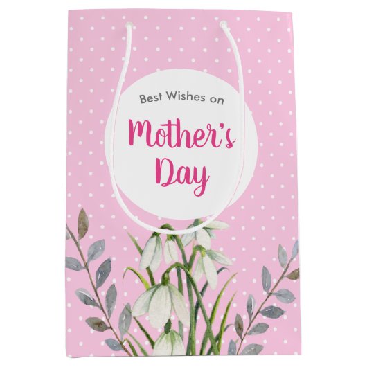 Voor Moederdag White Snowdrops Pink Polka Dots Medium Cadeauzakje (Voorkant)
