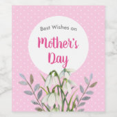 Voor Moederdag White Snowdrops Pink Polka Dots Wijn Etiket (Enkel label)