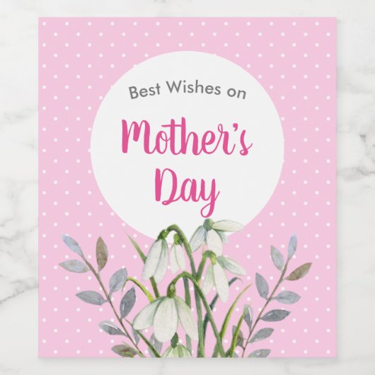 Voor Moederdag White Snowdrops Pink Polka Dots Wijn Etiket (Enkel label)